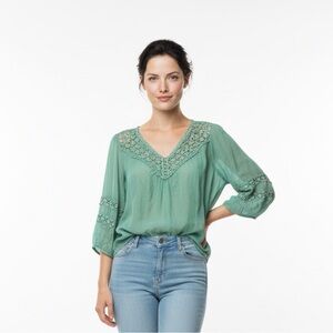 Grand & Greene Teal Blouse with Lace Details